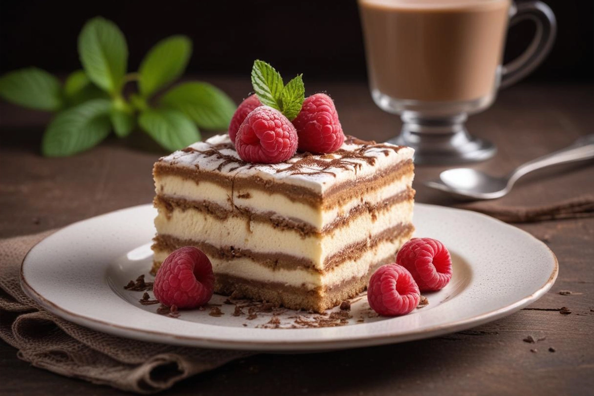 A slice of strawberry earthquake cake with swirls of cream cheese and fresh strawberries.