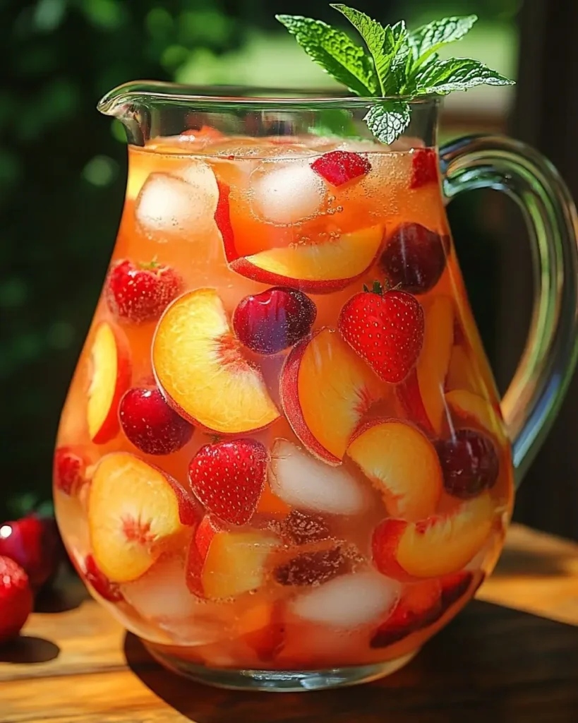 Refreshing summer sangria in a glass pitcher filled with peach slices, strawberries, cherries, ice cubes, and garnished with mint leaves.
