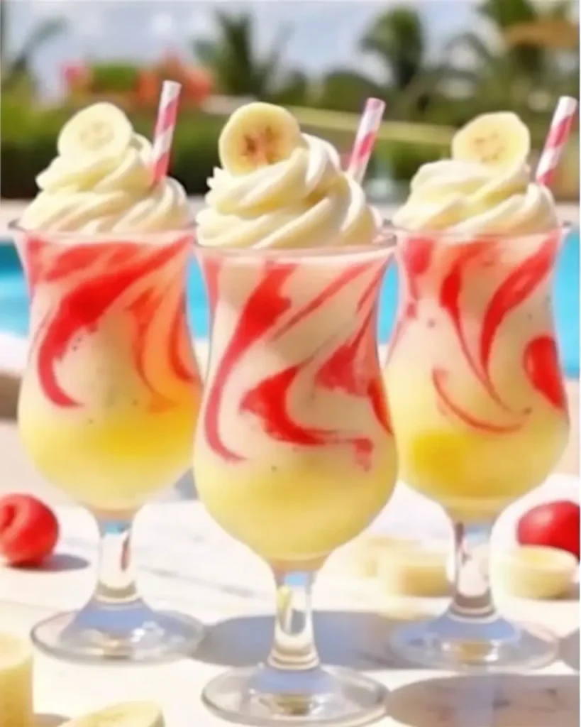 A creamy Banana Mama cocktail served in a tall glass, garnished with a pineapple wedge and cherry, set on a white marble surface.
