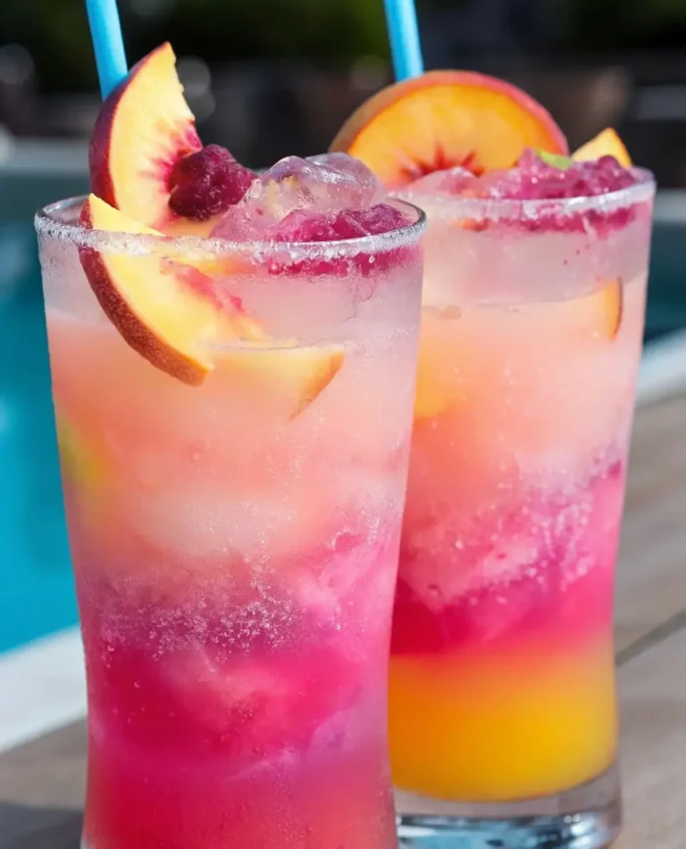 Close-up of Beach Peach Lemonade cocktail in a tall glass with ice, garnished with a lemon wedge and peach slice, showing a gradient of red grenadine at the bottom fading into golden lemonade.