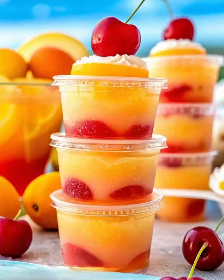 Colorful Beach Peach Lemonade Jello Shots in clear plastic cups with visible grenadine layers, garnished with peach slices and lemon twists on a white serving tray