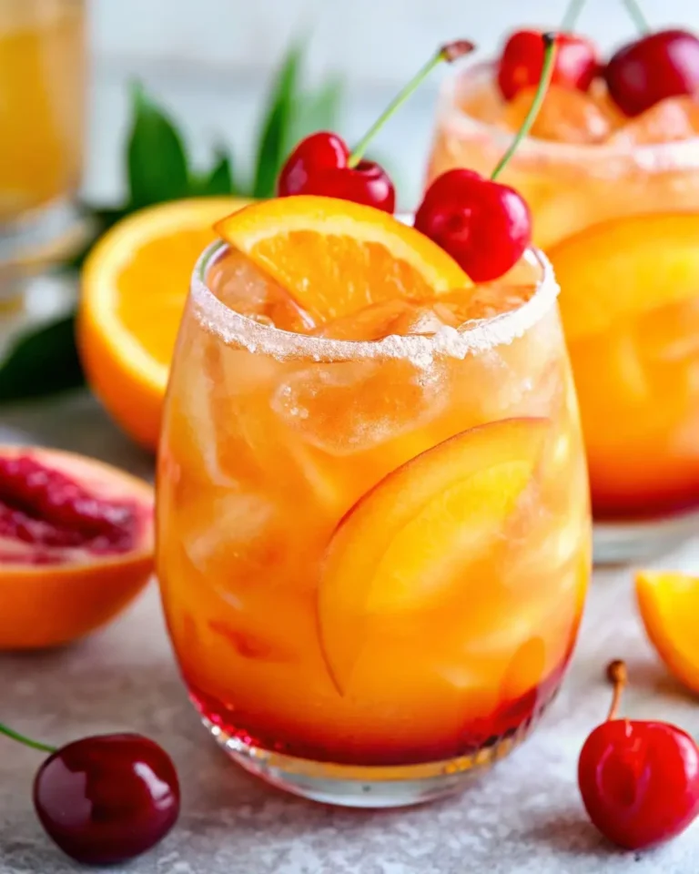 Georgia Peach cocktail recipe with sunset layers, orange slice, cherries and sugar rim