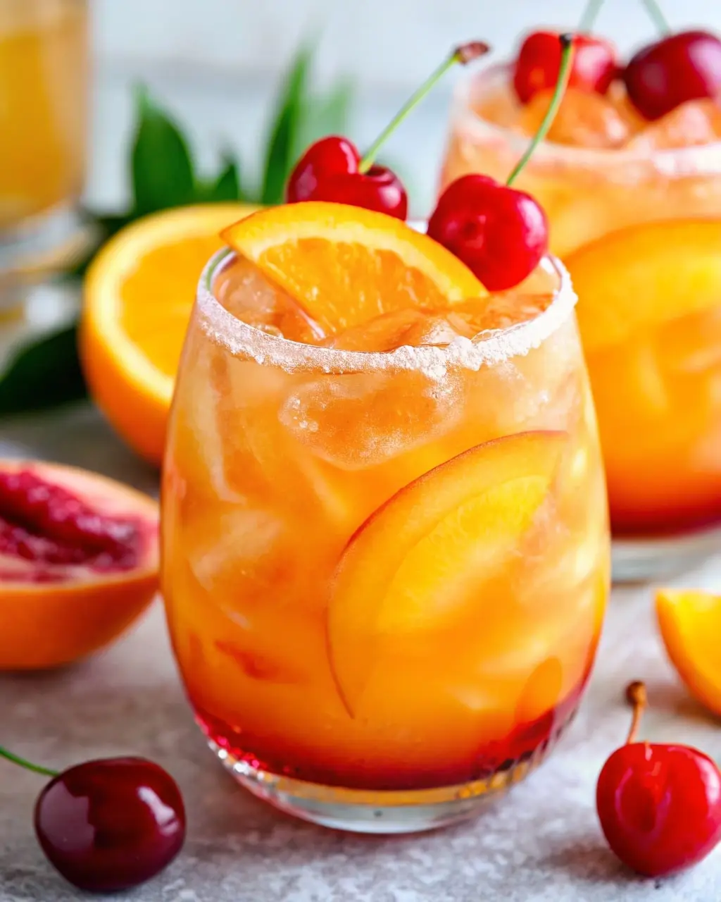 Georgia Peach cocktail recipe with sunset layers, orange slice, cherries and sugar rim