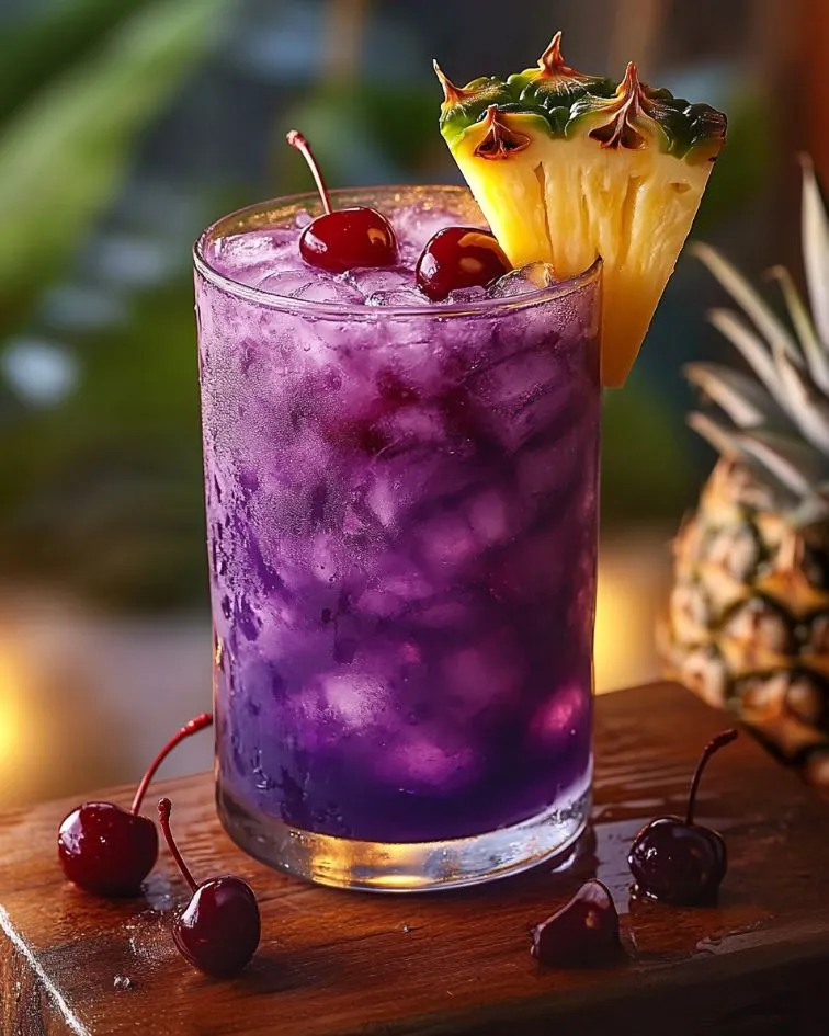 Vibrant Jamaican Purple Rain cocktail served in a clear glass with crushed ice, garnished with a pineapple wedge and maraschino cherry.