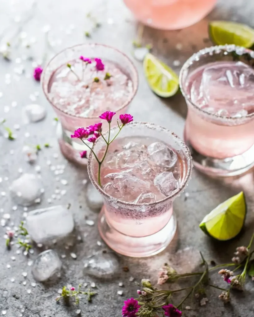 Elegant pink champagne margaritas served in sugar-rimmed glasses with ice and garnished with fresh lime wedges and edible flowers.