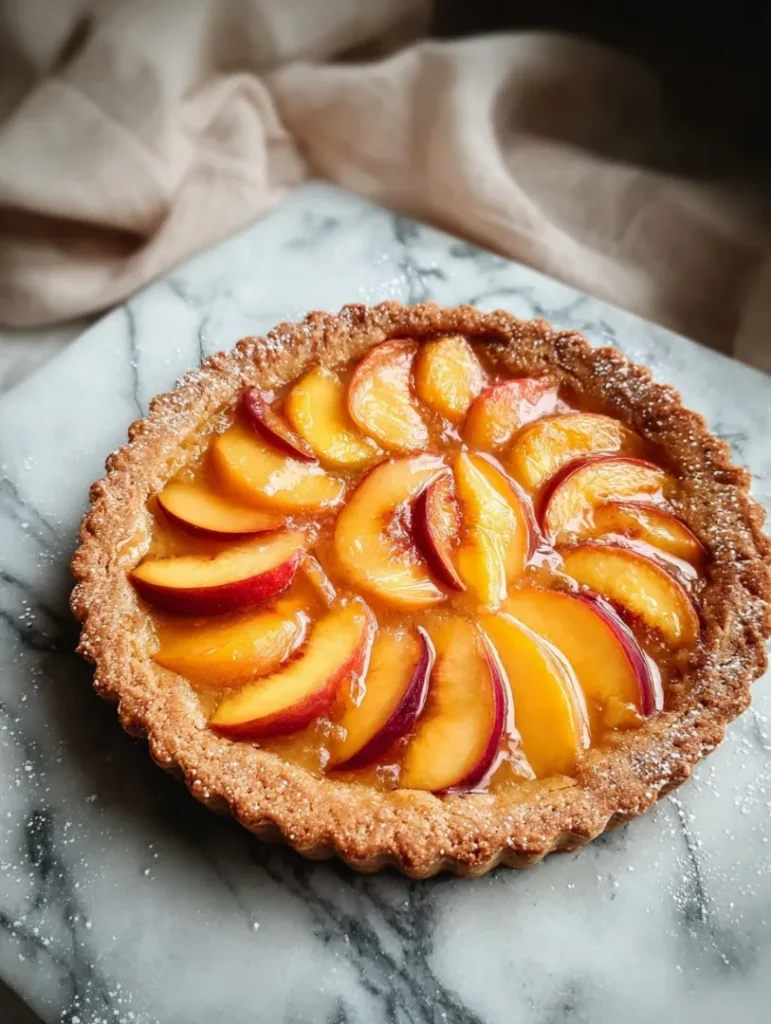 Rustic Fresh Peach Tart with golden flaky crust and juicy peach filling, baked to perfection on parchment paper