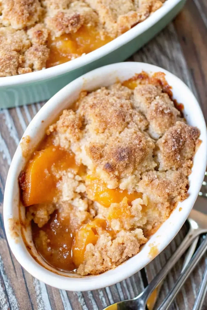 Top view of homemade peach cobbler with crispy crust and sweet peach filling in a white baking dish.