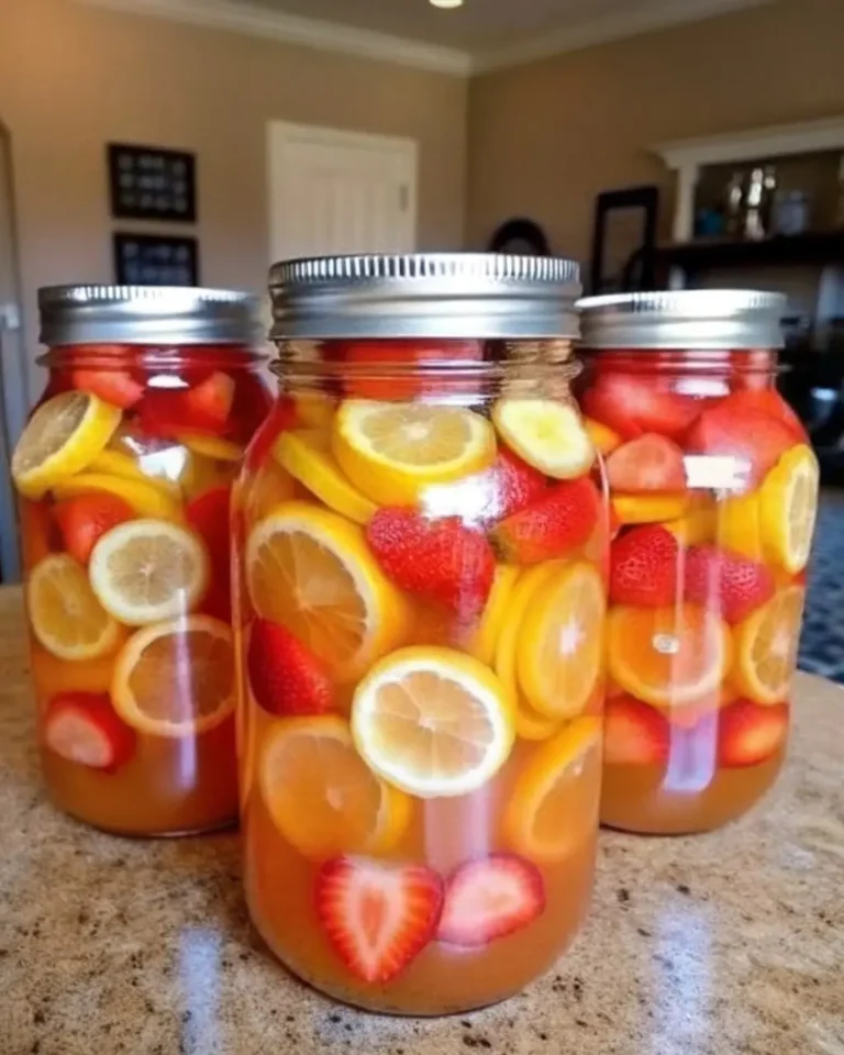 Three mason jars filled with vibrant homemade strawberry citrus iced tea, packed with fresh lemon, orange, and strawberry slices, sitting on a kitchen counter.