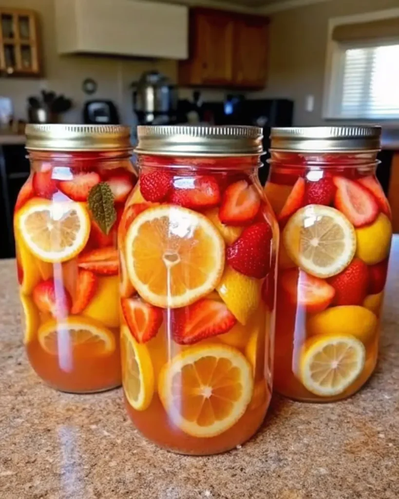 Jars of strawberry citrus iced tea filled with sliced lemons, oranges, and strawberries on a countertop.