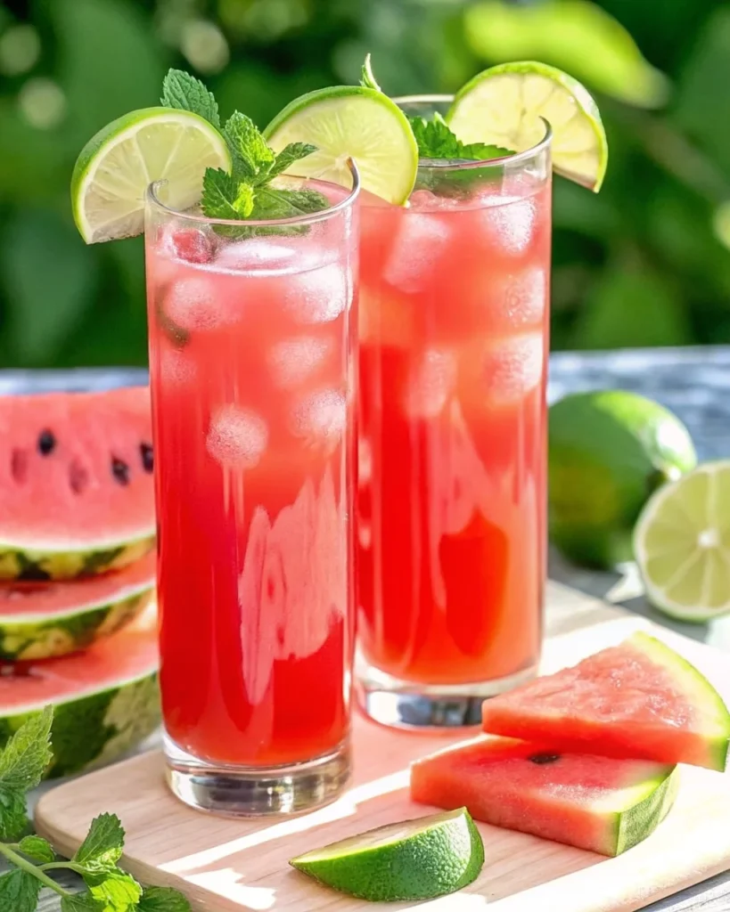Refreshing watermelon drink being poured into a tall glass with lime slices on the side