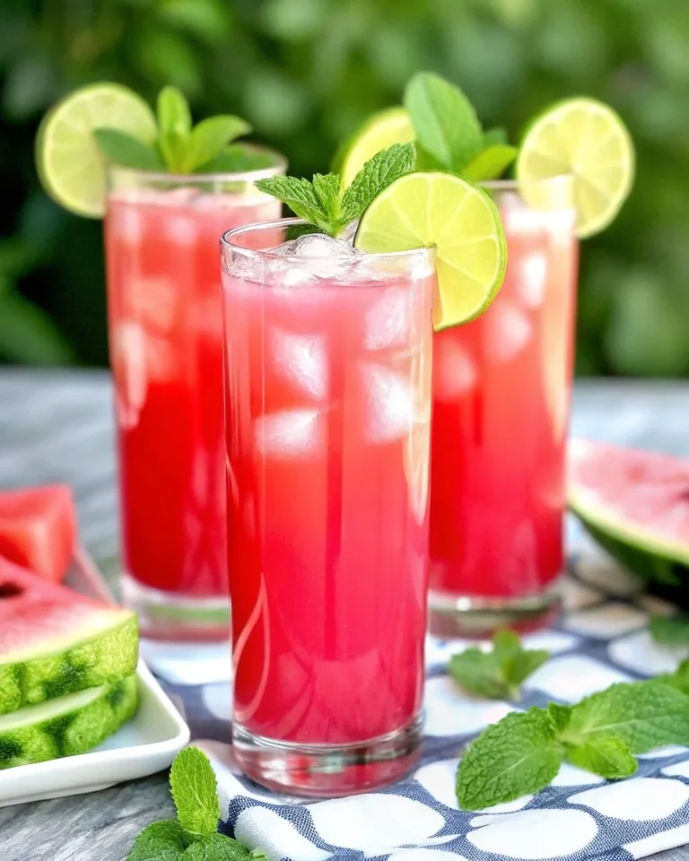 Fresh watermelon agua fresca served over ice with mint garnish in a clear glass pitcher