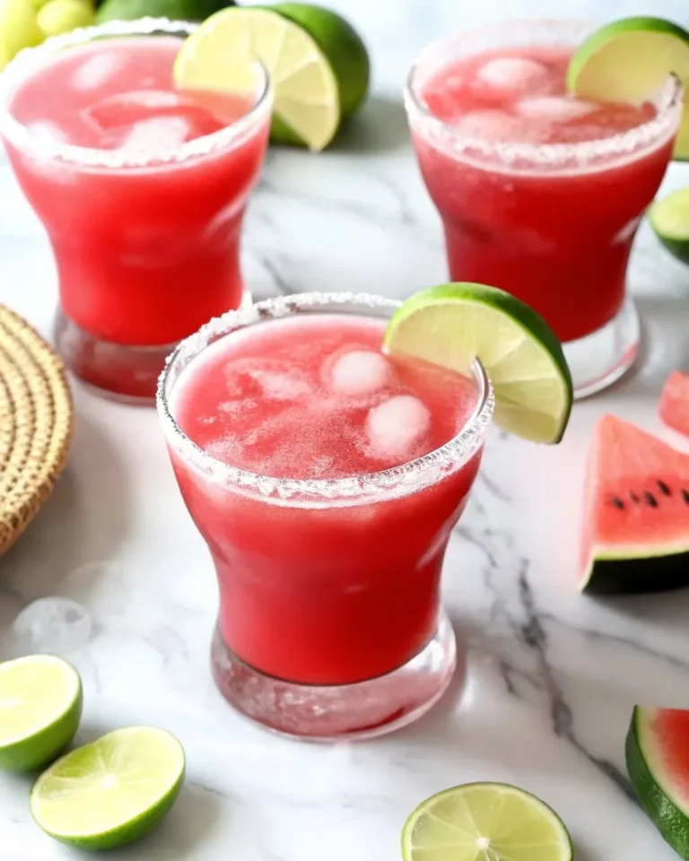 Two chilled watermelon margaritas served in salt-rimmed glasses, garnished with fresh lime and watermelon wedges on a sunny outdoor table.