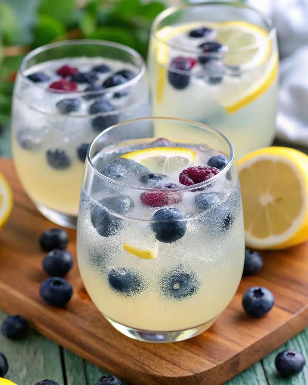 Blueberry Lemon Sangria in a glass with lemon slices, blueberries, and mint on a marble surface, perfect summer cocktail.