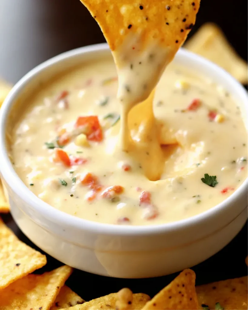 Creamy Mexican restaurant cheese dip served warm in a bowl with tortilla chips on the side