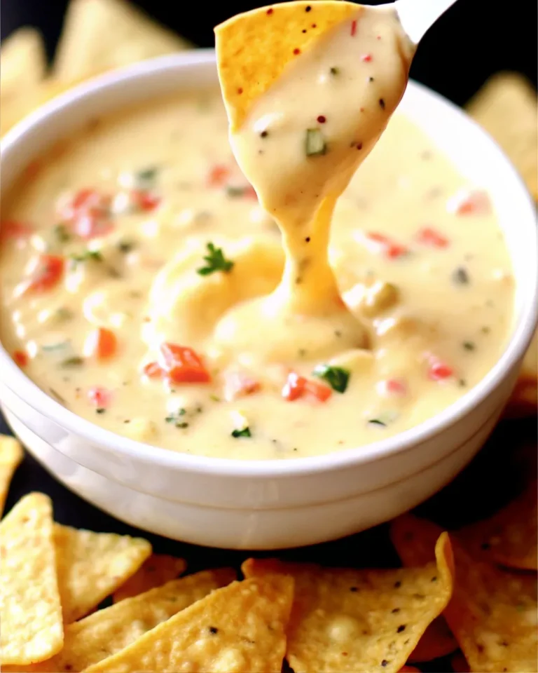 Creamy Mexican restaurant cheese dip served warm in a bowl with tortilla chips on the side