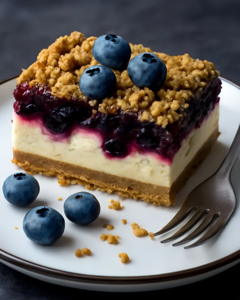 A slice of creamy vegan blueberry crumble cheesecake with crisp topping and fresh berries
