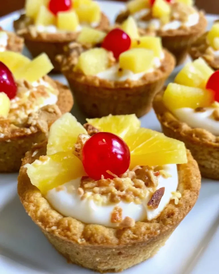 Piña colada cookie cups are quick, tropical treats with pineapple, coconut, and creamy filling, perfect for summer parties.