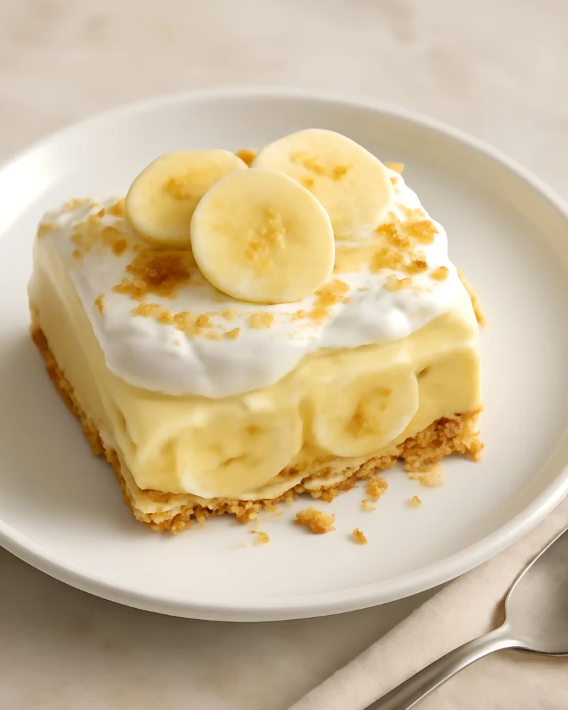 Homemade banana pudding in a glass dish, topped with golden vanilla wafers and fresh banana slices
