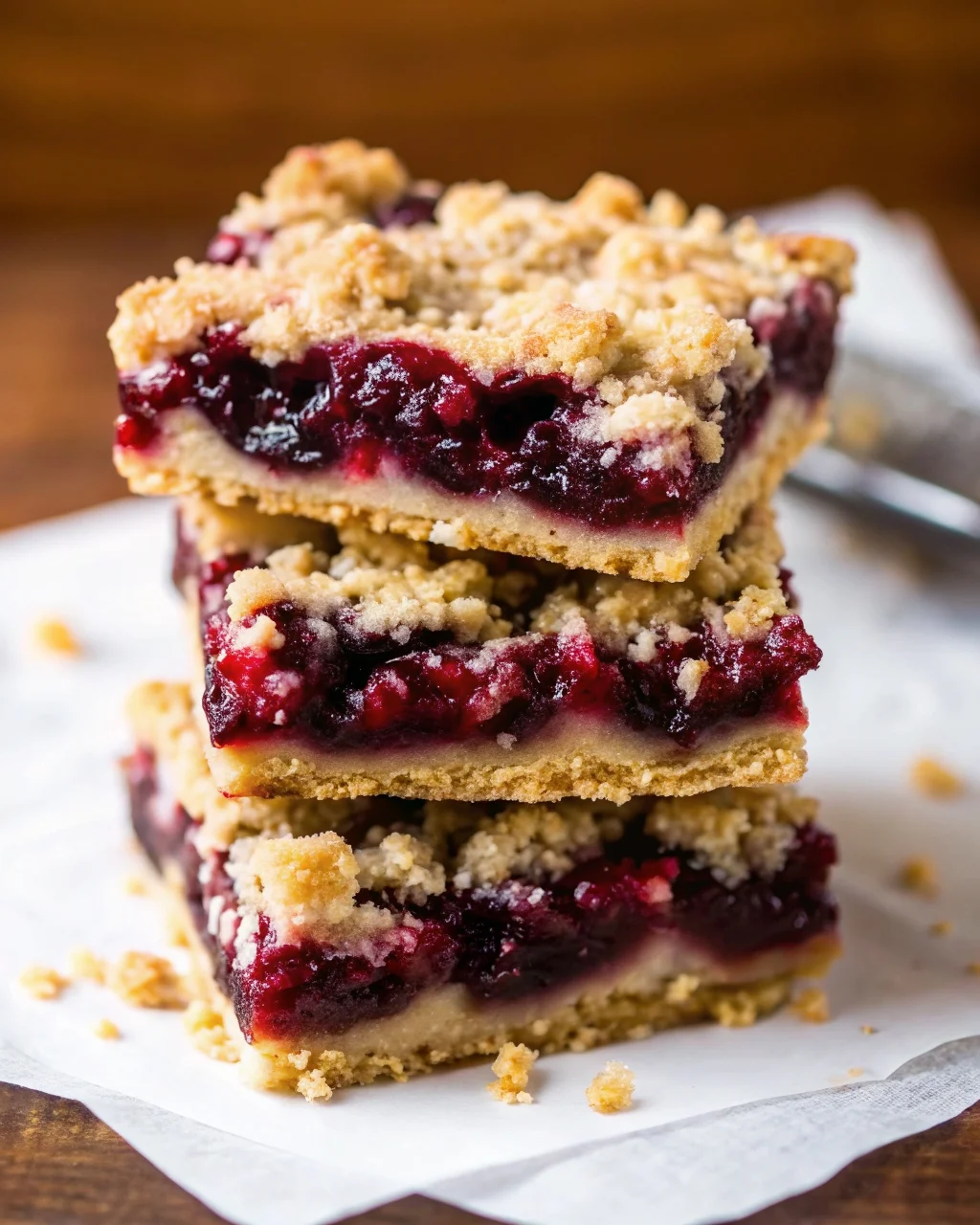 Freshly baked cherry pie crumb bars cooling in a parchment-lined baking dish, showing golden crumble and bubbling cherry filling.