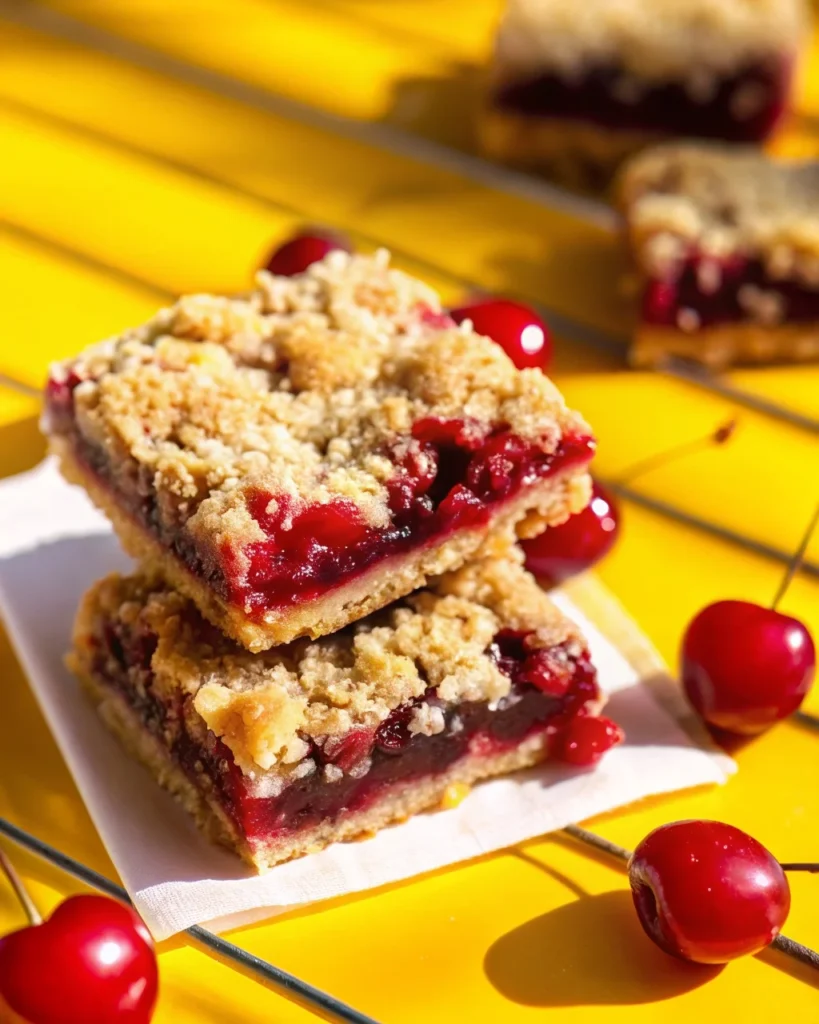 Close-up of cherry pie crumb bars cut into squares, revealing a buttery crust, juicy cherry filling, and crisp crumb topping.