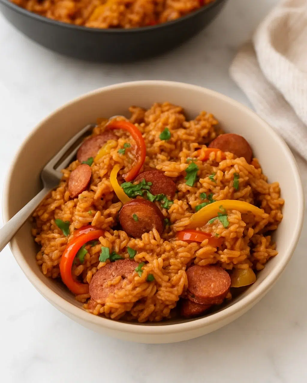 Hearty sausage and rice skillet cooked with colorful bell peppers, onions, and tomato sauce in a cast iron pan, garnished with fresh parsley and ready to serve.