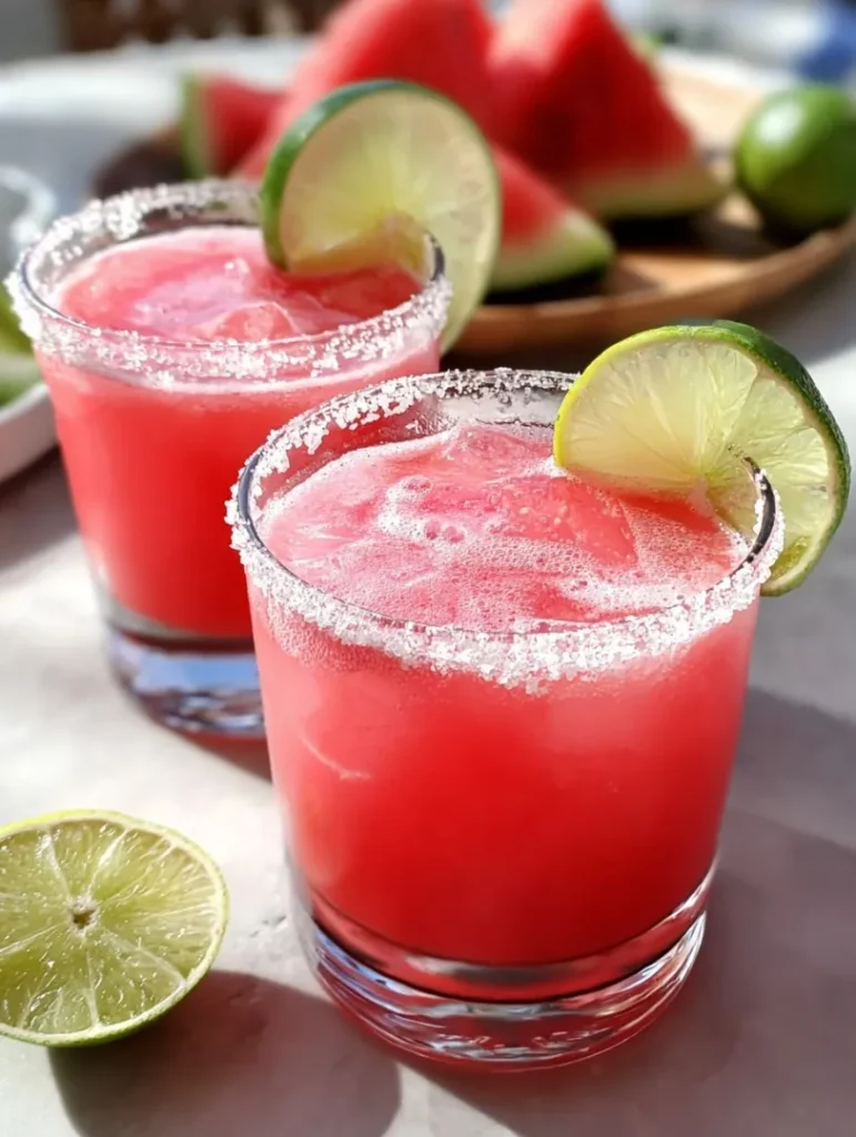 Two chilled watermelon margaritas served in salt-rimmed glasses, garnished with fresh lime and watermelon wedges on a sunny outdoor table.