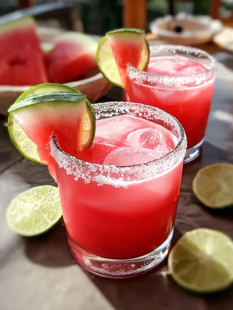 Two chilled watermelon margaritas served in salt-rimmed glasses, garnished with fresh lime and watermelon wedges on a sunny outdoor table.