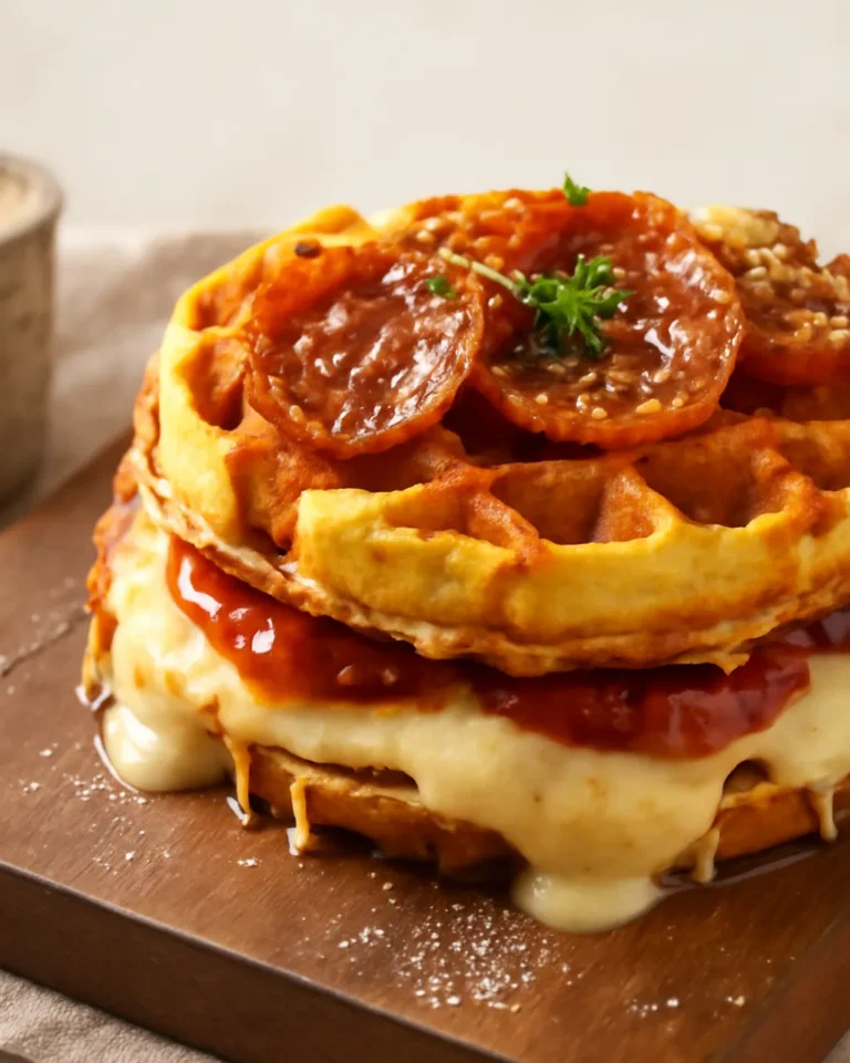Pizza stuffed waffles are quick, cheesy, and fun. Packed with mozzarella, sauce, and pepperoni for the ultimate comfort bite.
