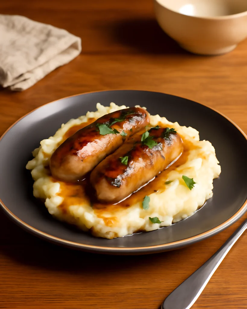 Savory Sausages with Creamy Mashed Potatoes is the ultimate comfort food, topped with rich onion gravy and ready in just 35 minutes.