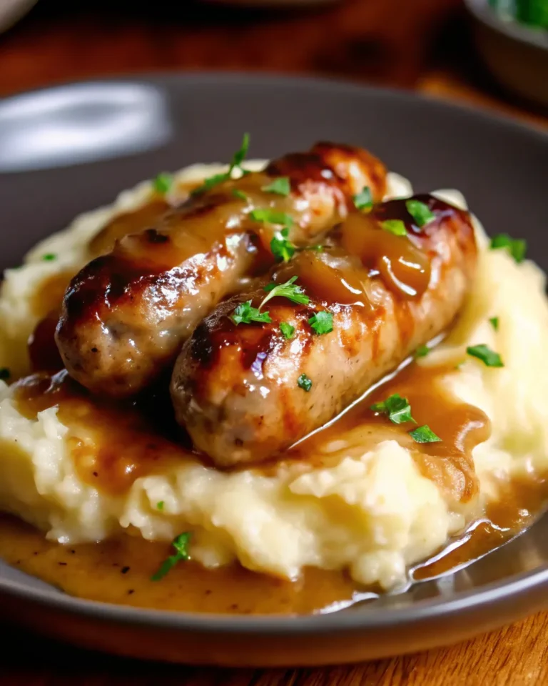 Savory Sausages with Creamy Mashed Potatoes is the ultimate comfort food, topped with rich onion gravy and ready in just 35 minutes.