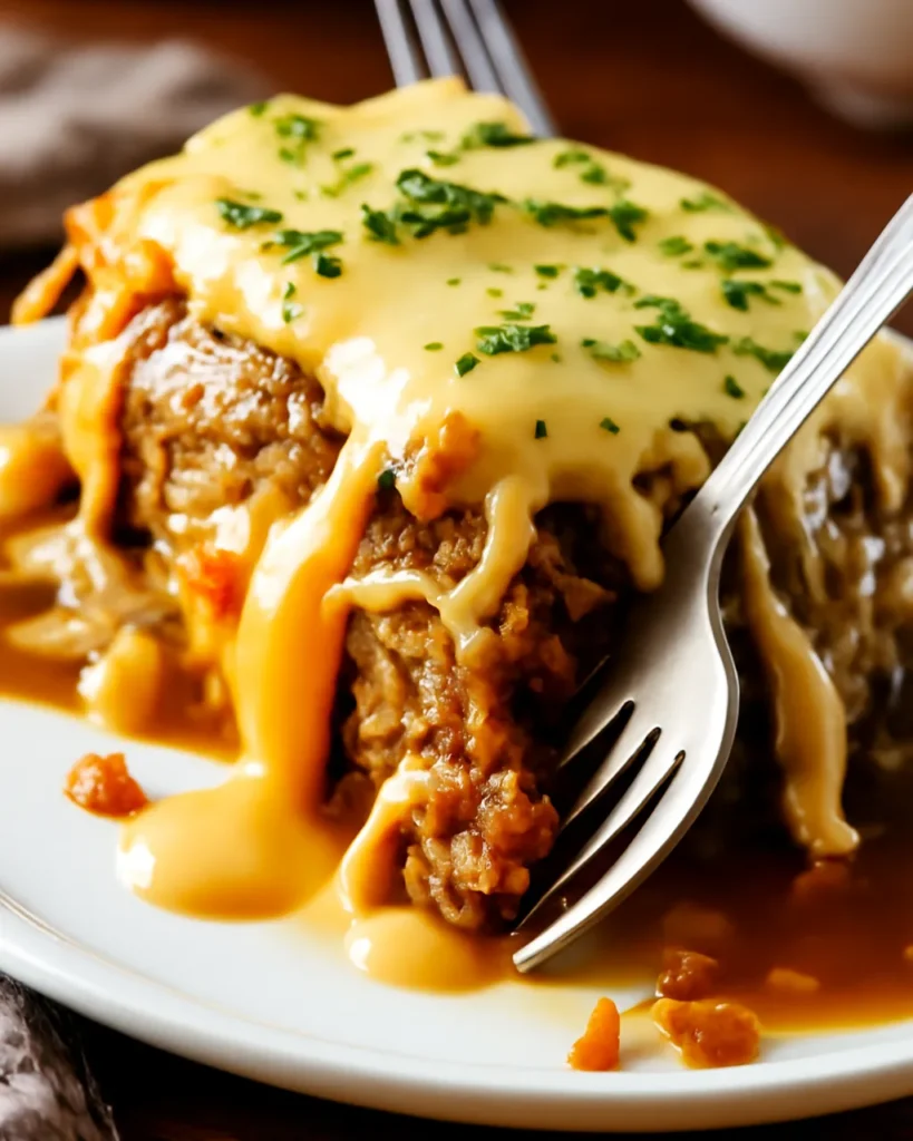 Tender French Onion Meatloaf is slow-cooked to juicy perfection and topped with gooey Swiss cheese. A comforting twist on the classic favorite!