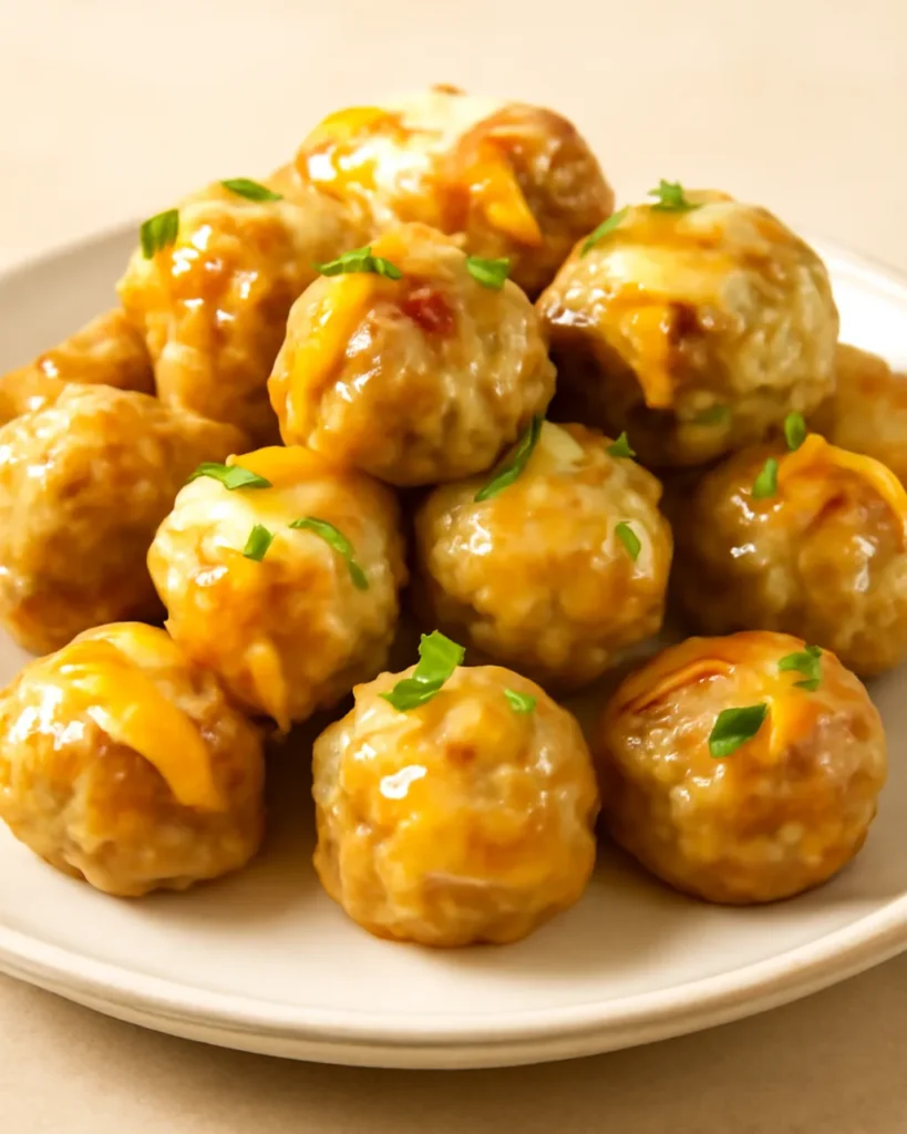 Golden-brown sausage and cream cheese bites baked to perfection, served on a tray with melted cheddar and flecks of red from Rotel tomatoes and green chilies.