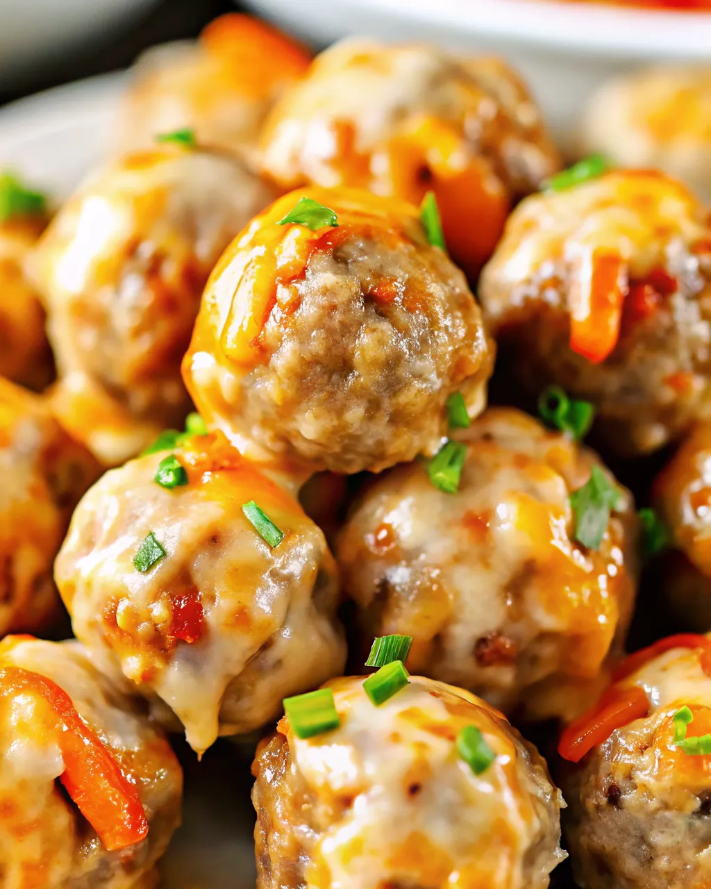 Golden-brown sausage and cream cheese bites baked to perfection, served on a tray with melted cheddar and flecks of red from Rotel tomatoes and green chilies.