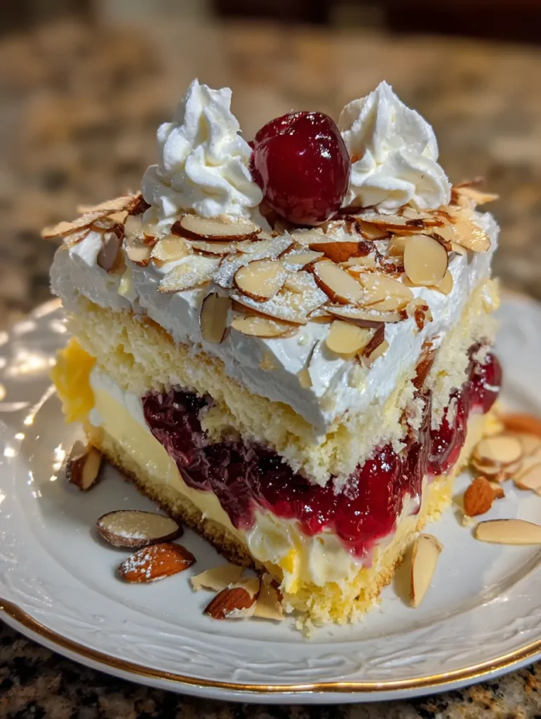 Cherry Almond Trifle Cake is a stunning, easy dessert layered with cherries, whipped cream, pudding, and almonds. The perfect make-ahead crowd-pleaser.