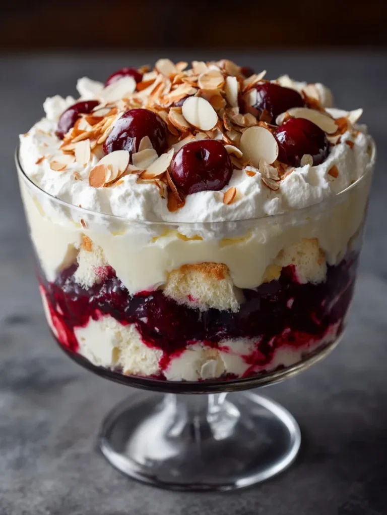 Cherry Almond Trifle Cake is a stunning, easy dessert layered with cherries, whipped cream, pudding, and almonds. The perfect make-ahead crowd-pleaser.