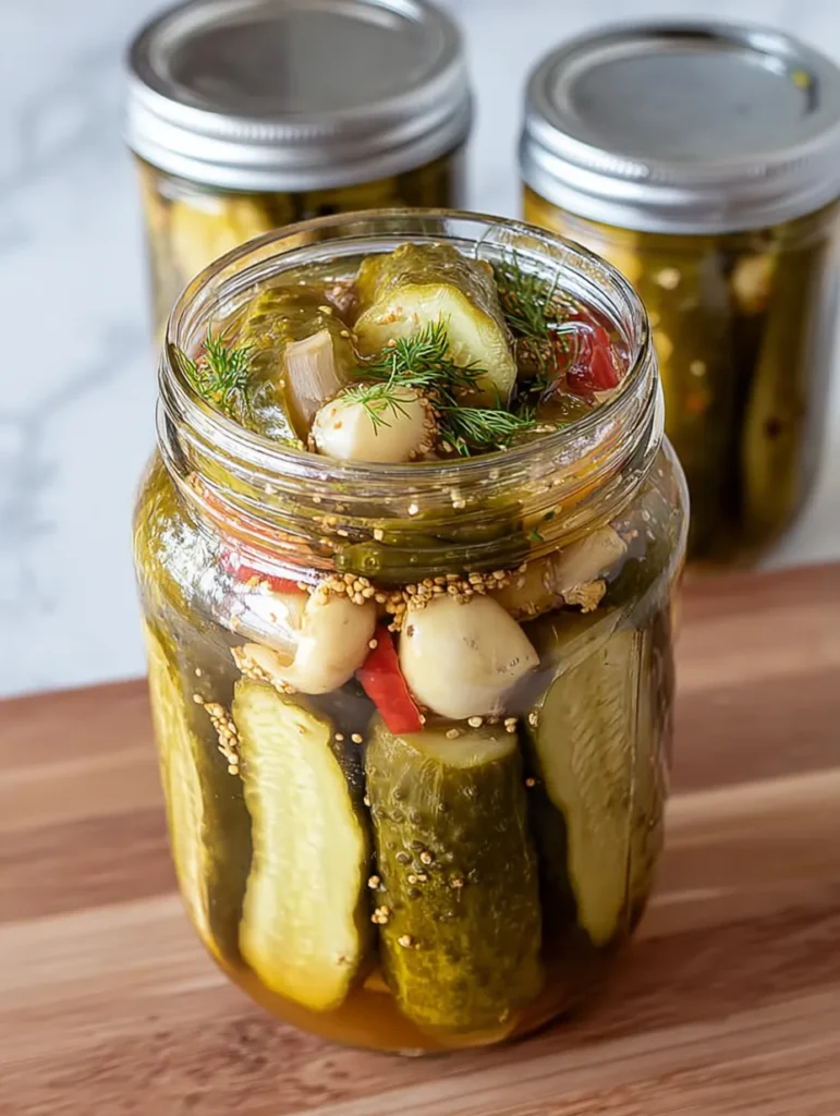 Overhead view of crispy dill pickle canning ingredients on a rustic wooden table, including fresh pickling cucumbers, garlic cloves, dill sprigs, red bell pepper, mustard seeds, turmeric, vinegar, and canning salt, arranged naturally in soft amateur lighting
