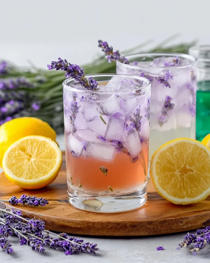Close-up of a Lavender Lemonade Cocktail served over ice in a clear glass, garnished with a sprig of lavender and a lemon slice, with soft natural lighting highlighting the drink's pale purple hue.