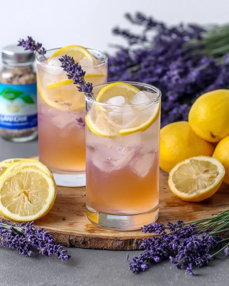 Close-up of a Lavender Lemonade Cocktail served over ice in a clear glass, garnished with a sprig of lavender and a lemon slice, with soft natural lighting highlighting the drink's pale purple hue.