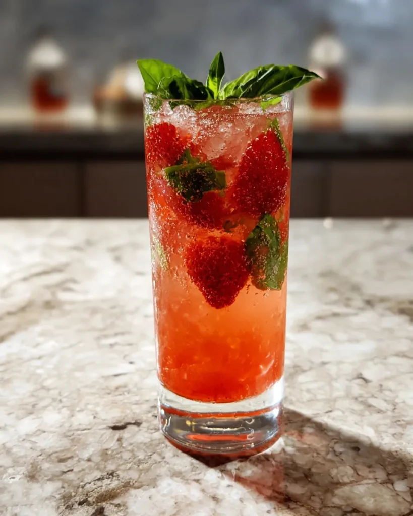 Strawberry Honey Basil Fizz Mocktail is crisp, fruity, and bubbly. A light and elegant drink perfect for warm days or brunch.