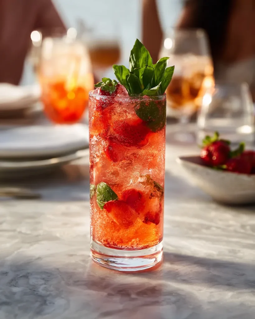 Strawberry Honey Basil Fizz Mocktail is crisp, fruity, and bubbly. A light and elegant drink perfect for warm days or brunch.