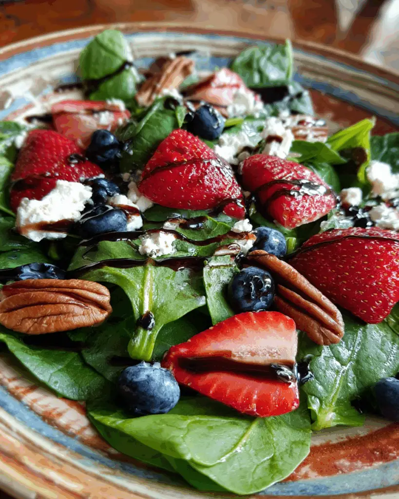 Vibrant strawberry spinach salad topped with blueberries, crumbled feta, and toasted pecans, drizzled with balsamic glaze