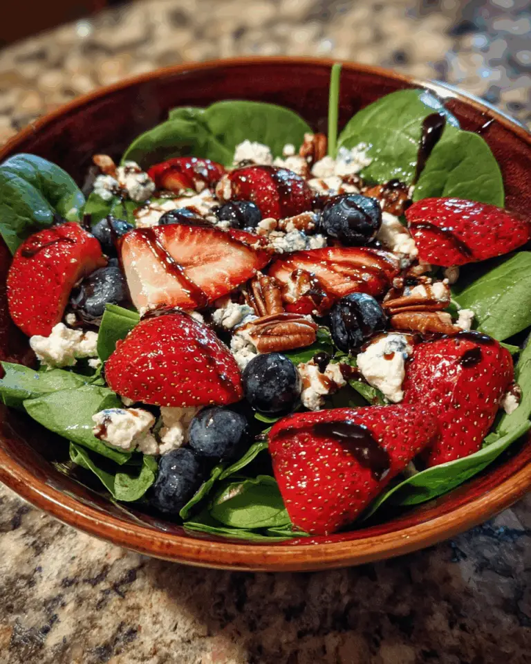 Vibrant strawberry spinach salad topped with blueberries, crumbled feta, and toasted pecans, drizzled with balsamic glaze