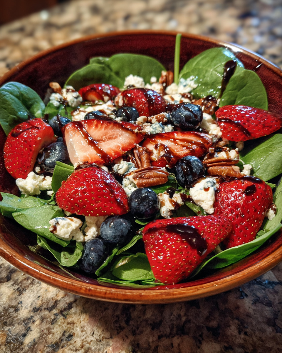 Vibrant strawberry spinach salad topped with blueberries, crumbled feta, and toasted pecans, drizzled with balsamic glaze