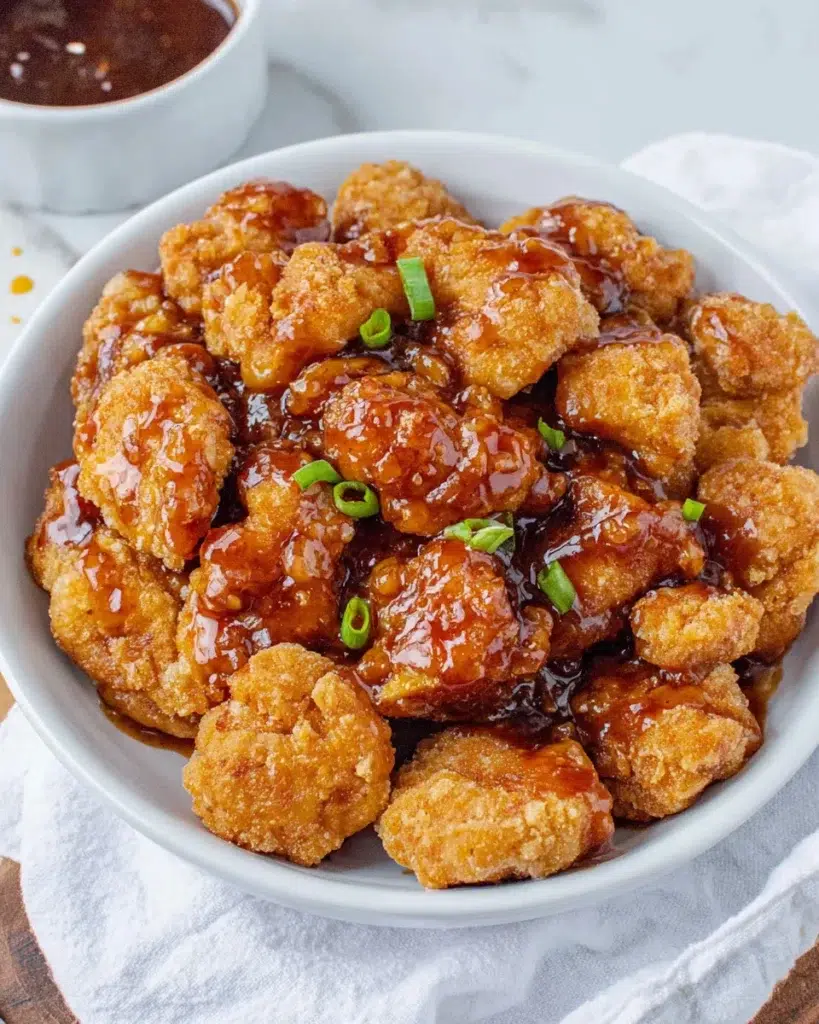 Close-up of 3 Ingredient Orange Chicken coated in glossy orange marmalade BBQ sauce, sprinkled with sesame seeds, served on a white plate over marble