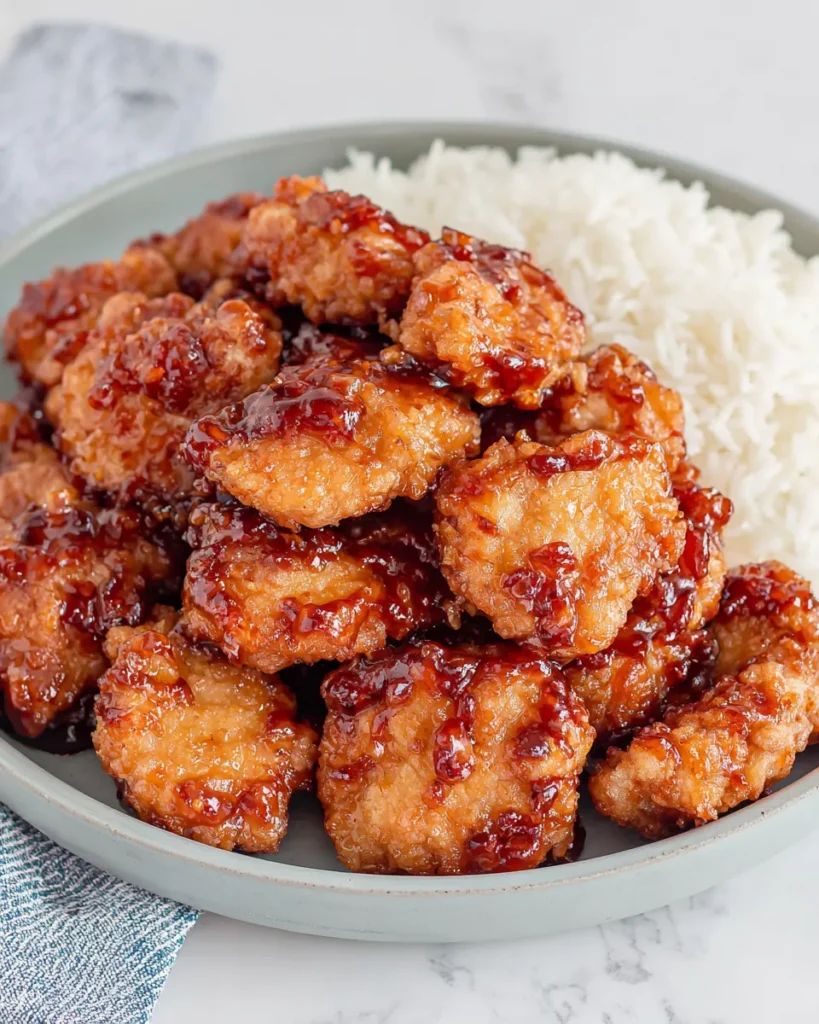 Close-up of 3 Ingredient Orange Chicken coated in glossy orange marmalade BBQ sauce, sprinkled with sesame seeds, served on a white plate over marble