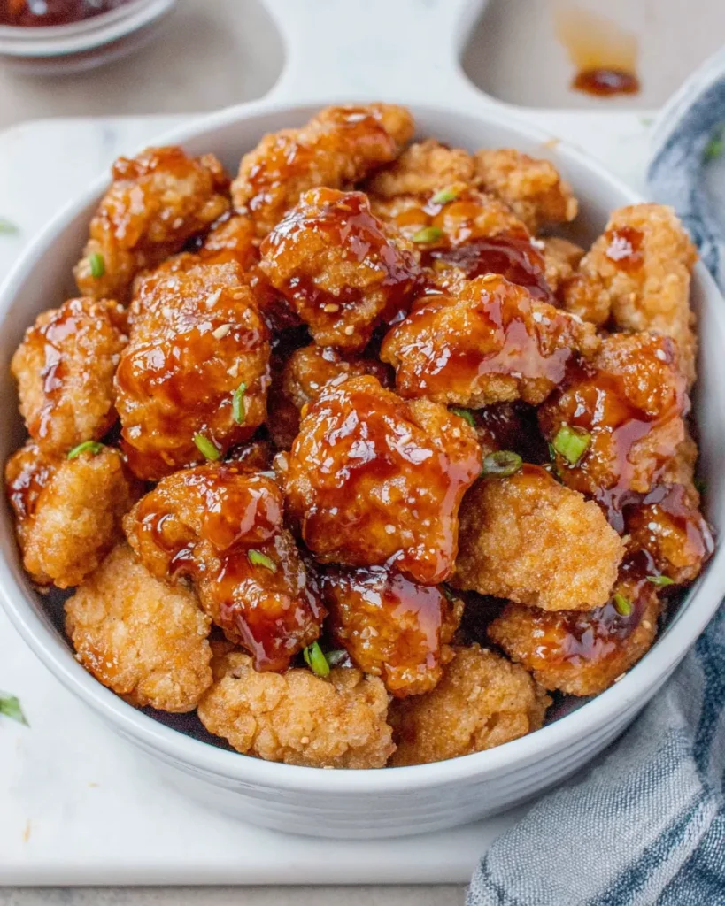 Crispy 3 Ingredient Orange Chicken coated in sweet orange marmalade BBQ sauce, served with steamed white rice on a white plate over a marble counter