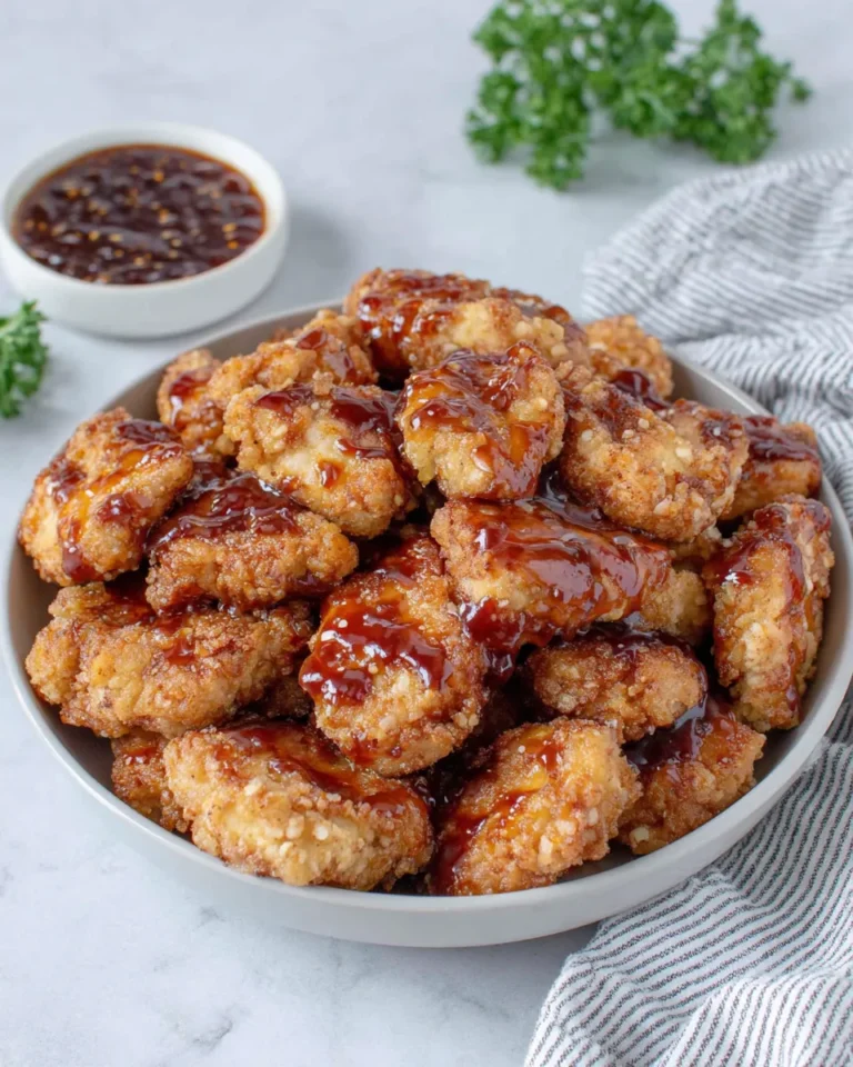 Crispy 3 Ingredient Orange Chicken coated in sweet orange marmalade BBQ sauce, served with steamed white rice on a white plate over a marble counter