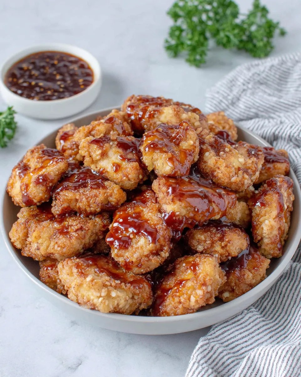 Crispy 3 Ingredient Orange Chicken coated in sweet orange marmalade BBQ sauce, served with steamed white rice on a white plate over a marble counter