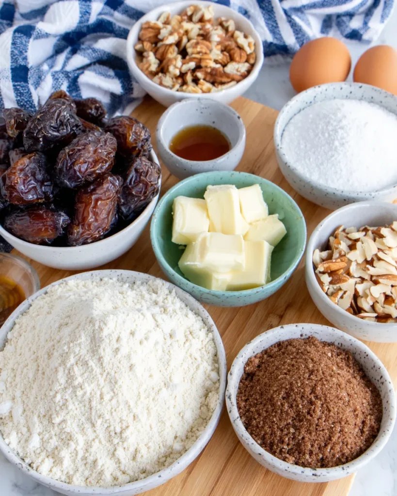 Raw ingredients for Moist Date and Almond Cake displayed on a wooden kitchen table, including chopped pitted dates, almond flour, all-purpose flour, baking powder, baking soda, eggs, sugar, butter, vanilla extract, almond extract, and sliced almonds