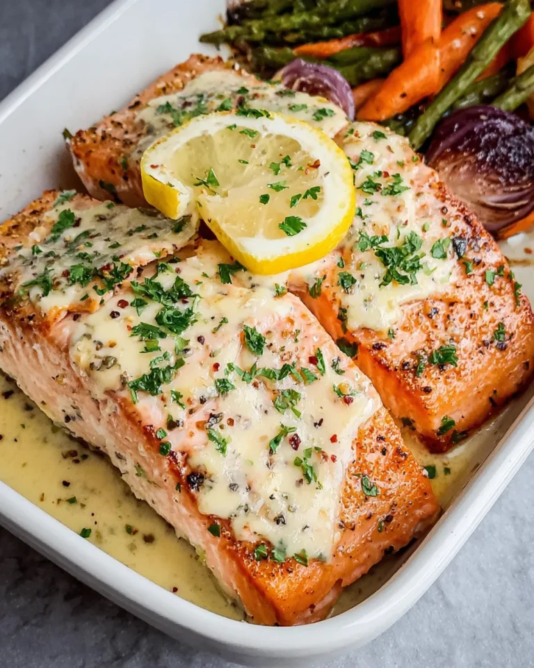 Baked Boursin Salmon fillet topped with creamy garlic herb cheese, fresh lemon, and parsley served with roasted vegetables in a white baking dish.